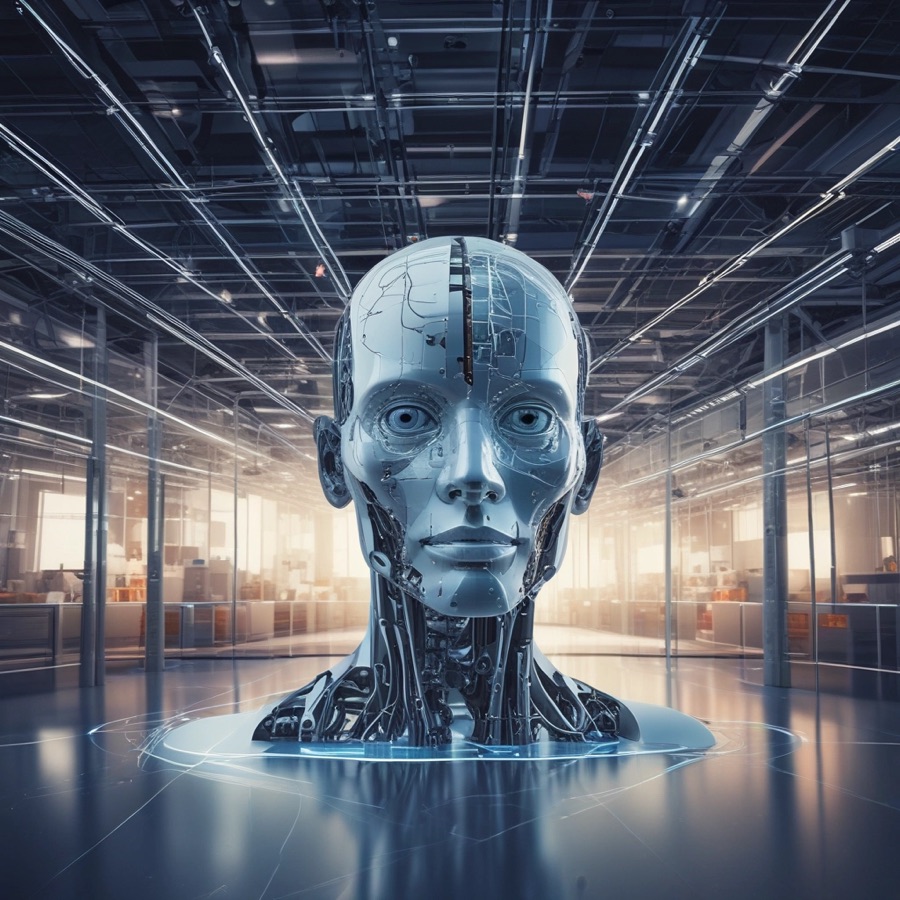 Futuristic humanoid AI head in a modern data centre