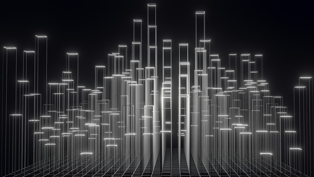 Abstract rising columns of light representing automated data flows