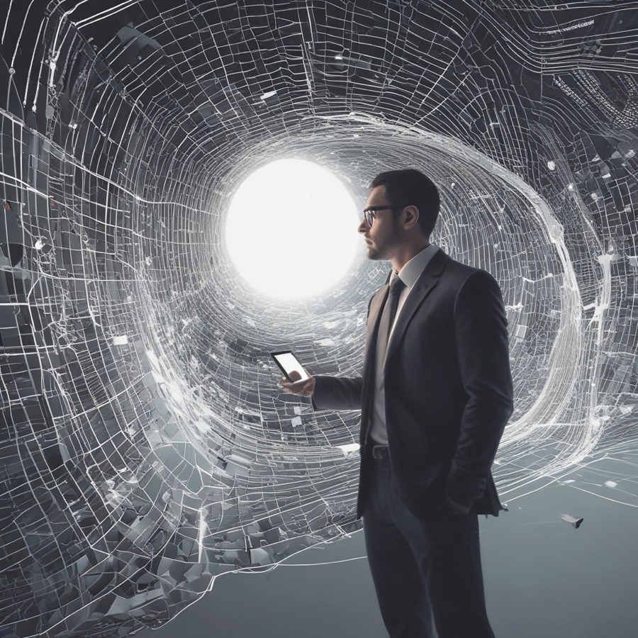 Executive looking at a smartphone inside a tunnel of flowing digital data